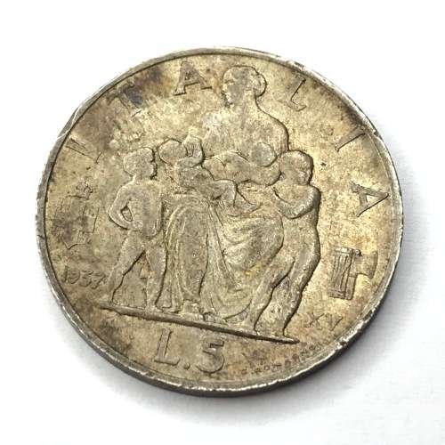 1937 Italy 5 Lire - Very SCARCE - toned aXF