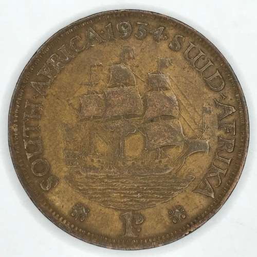 1934 SA Union Bronze Penny with 4 struck misaligned