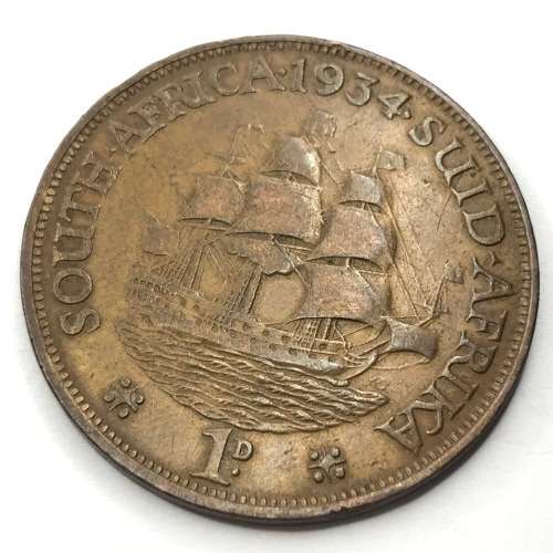 1934 SA Union Bronze Penny with 4 struck misaligned