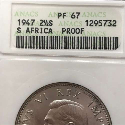 1947 South Africa Union half crown graded as PF 67 by ANACS - only 2600 minted