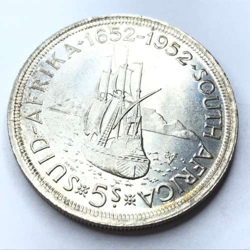 1952 SA Union silver 5 shilling - Cracked die - Extra mast