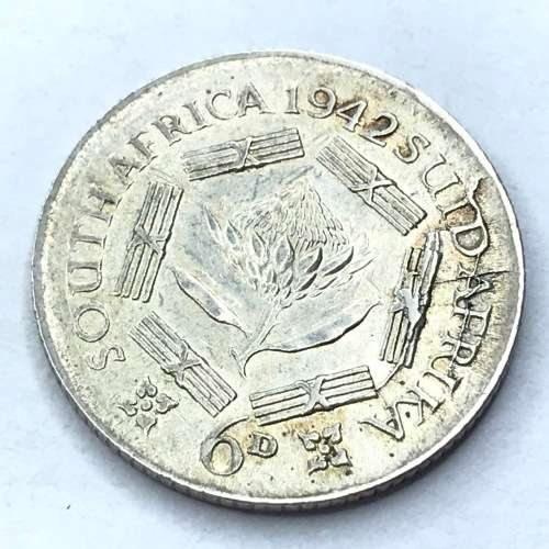 1942 SA Union Sixpence with badly cracked die