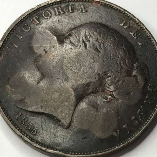 1855 British Penny with overstamp R H T 14784