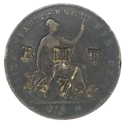 1855 British Penny with overstamp R H T 14784
