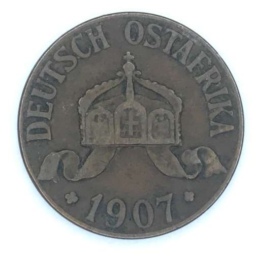 1907 German East Africa 1 Heller With J Mintmark