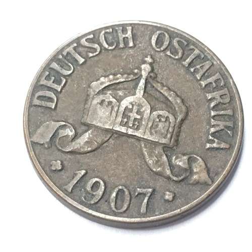1907 German East Africa 1 Heller With J Mintmark