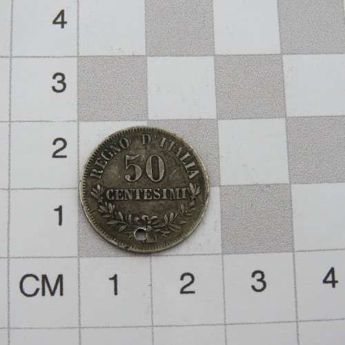 1863 Italy silver 50 Centesimi - Excellent but holed