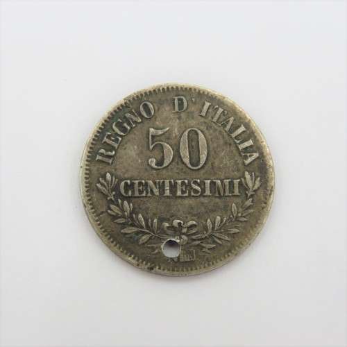 1863 Italy silver 50 Centesimi - Excellent but holed