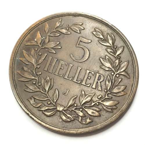 1908 German East Africa Five Heller - XF - Cracked die version (Top left of 5)