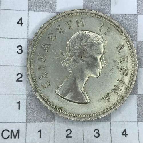 1958 SA Union 5s Five Shilling with unusual die crack through 2nd a of AFRICA