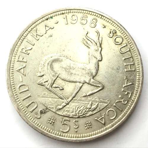 1958 SA Union 5s Five Shilling with unusual die crack through 2nd a of AFRICA