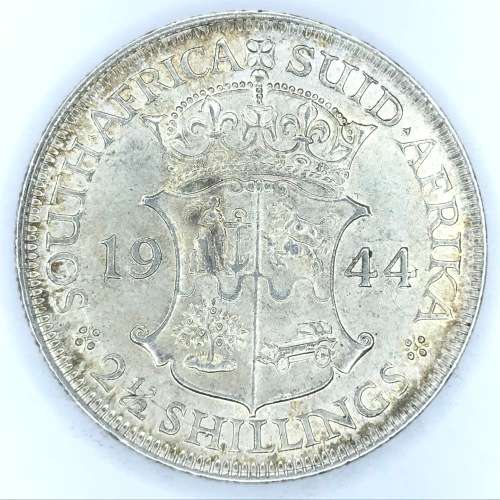 1944 SA Union Half Crown - Light bag marks - Die crack at imperator - UNC