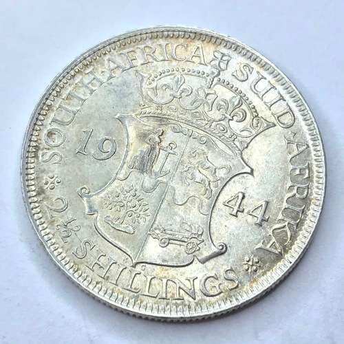 1944 SA Union Half Crown - Light bag marks - Die crack at imperator - UNC