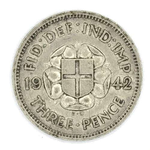 1942 Great Britain silver 3d tickey - VF+