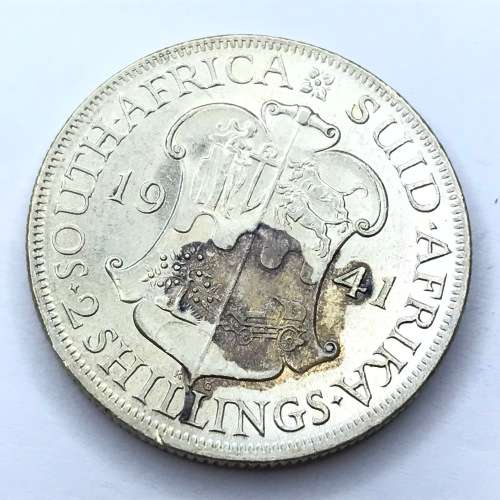1941 SA Union 2 Shilling - AU Stain cracked die OBV