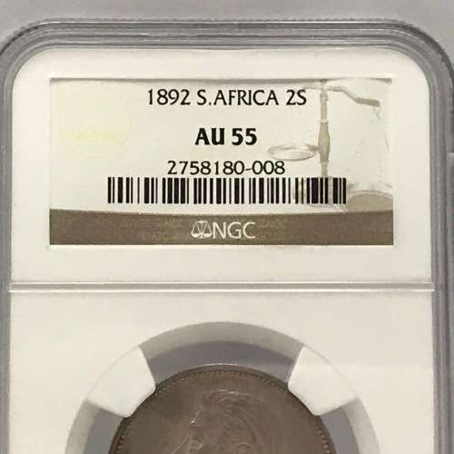 1892 ZAR Kruger two shilling graded AU 55 by NGC