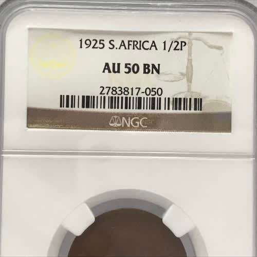 1925 ZAR Half Penny graded AU 50 BN by NGC