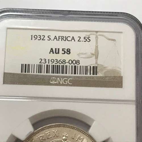 1932 SA Union 2 shilling half crown graded AU 58 by NGC
