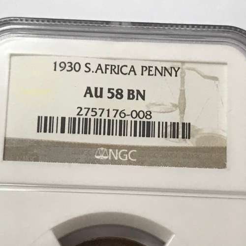1930 SA Union one penny graded AU 58 BN by NGC