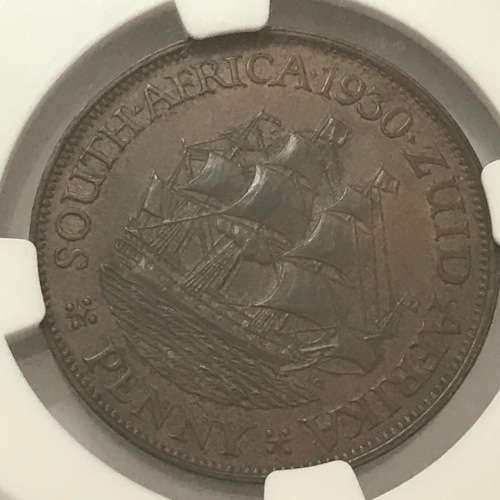 1930 SA Union one penny graded AU 58 BN by NGC