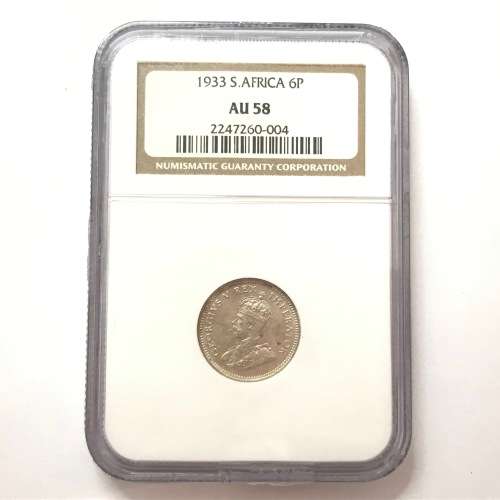 1933 SA Union 6d sixpence graded AU58 by NGC