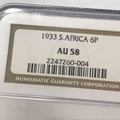 1933 SA Union 6d sixpence graded AU58 by NGC