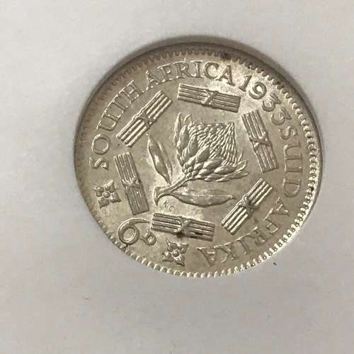 1933 SA Union 6d sixpence graded AU58 by NGC