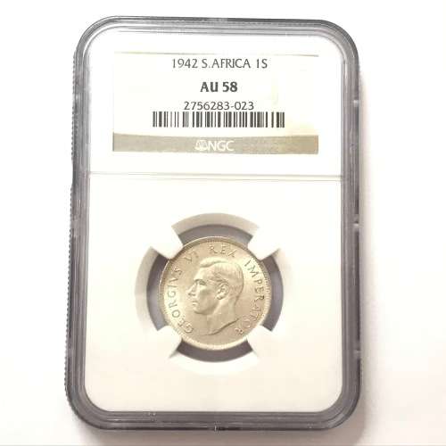 1942 SA Union shilling NGC graded AU 58 - Cracked die through neck variety