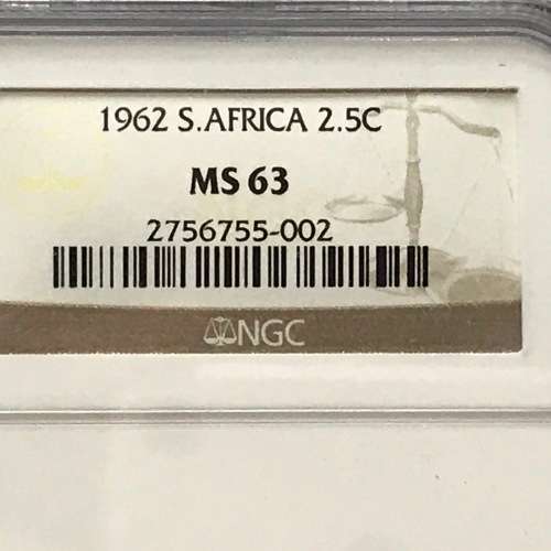 1962 RSA graded silver 2 and a half cent graded MS 63 only 8745 minted - Scarce