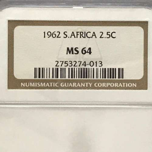 1962 RSA scarce 2 1/2 cent graded MS 64 by NGC - Only 8745 minted - Lovely coin