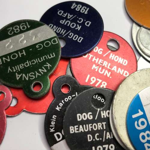 Lot of 48 different Dog Licenses late 70`s to early 80`s - Mostly Small Towns