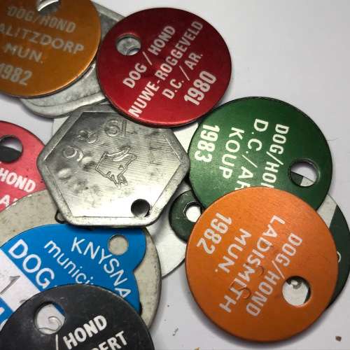 Lot of 48 different Dog Licenses late 70`s to early 80`s - Mostly Small Towns
