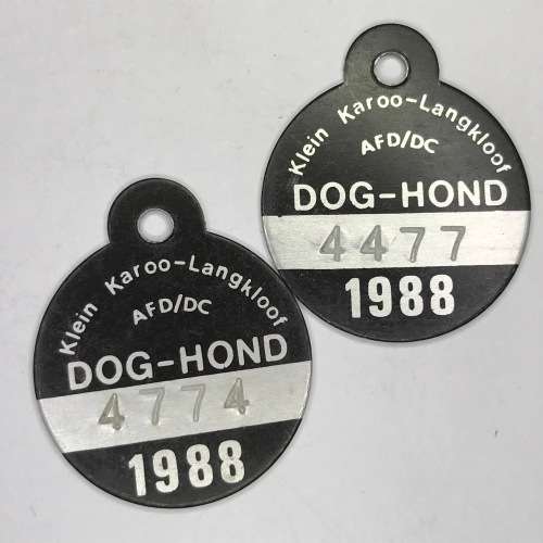 Lot of 5 Langkloof dog licenses no`s 4774, 4477, 4777, 4744, of 1988 and 4477 of 1987