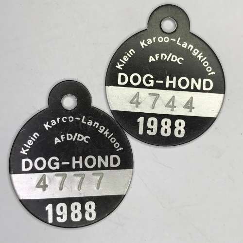 Lot of 5 Langkloof dog licenses no`s 4774, 4477, 4777, 4744, of 1988 and 4477 of 1987