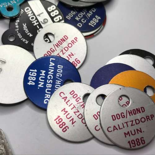 Lot of 50 dog licenses with RADAR numbers that read the same both ways