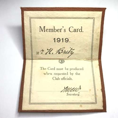 Members card 1919 for the Rambler`s Club - issued to H. Britz