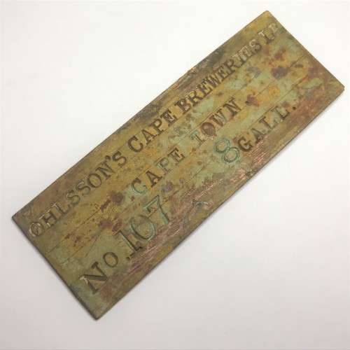 Ohlsson`s Cape Breweries LD Cape Town copper plate no 107_ 8 gallons token
