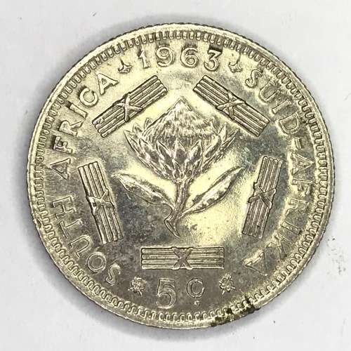 1963 South Africa Five cent with cracked die mark both sides - through C of 5c and N of Unity