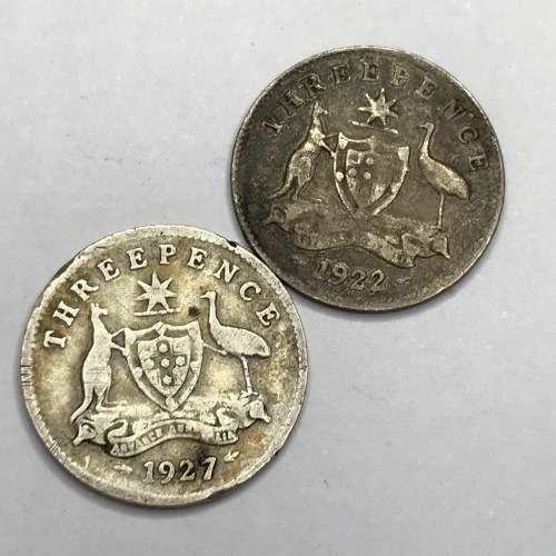 Lot of 5 Australia 3 pence coins - 1911, 1918, 1922, 1927 and 1935