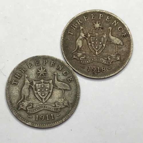 Lot of 5 Australia 3 pence coins - 1911, 1918, 1922, 1927 and 1935