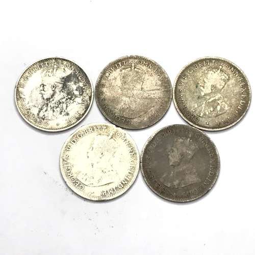 Lot of 5 Australia 3 pence coins - 1911, 1918, 1922, 1927 and 1935
