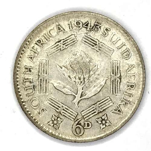 1943 SA Union George 6 Sixpence die crack through date