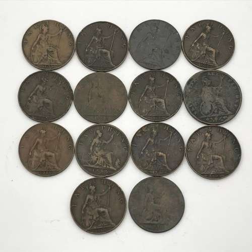 Lot of 14 old British Farthings - each one over 100 years old