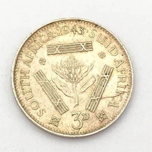 1943 SA Union tickey 3d with cracked die mark on reverse