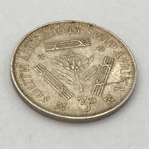 1943 SA Union tickey 3d with cracked die mark on reverse