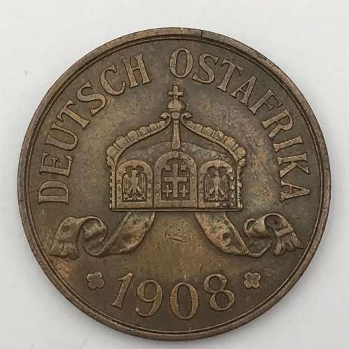 1908 German East Africa copper 5 Heller - cracked die mark through 0 of 1908