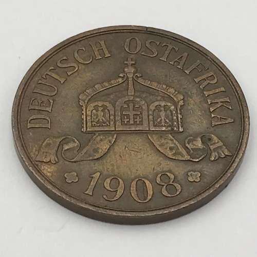 1908 German East Africa copper 5 Heller - cracked die mark through 0 of 1908