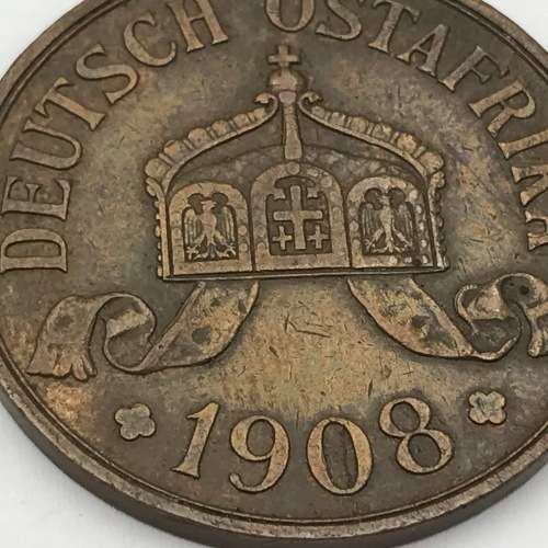 1908 German East Africa copper 5 Heller - cracked die mark through 0 of 1908