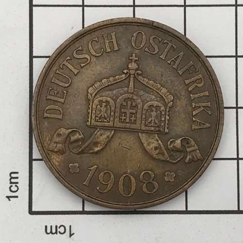 1908 German East Africa copper 5 Heller - cracked die mark through 0 of 1908