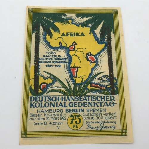 German Colonial commorative 75 Pfennig notgeld note with picture of Herman Von Wissmann